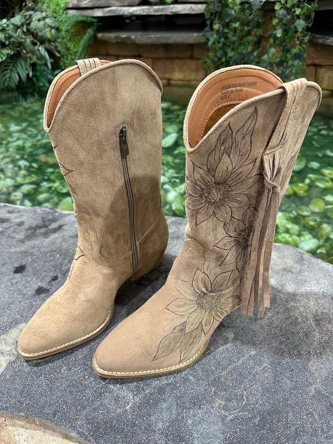 Cowgirl Dark Taupe Floral Burnt Boots