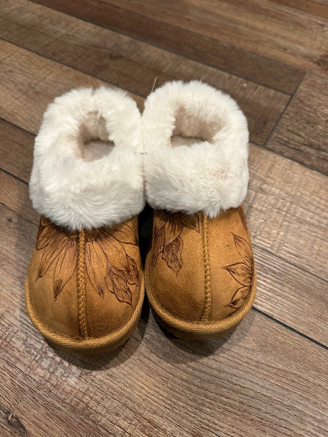 Pair of brown slippers with white fur lining on a wooden floor.