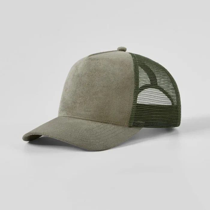 Green baseball cap with mesh back on a light gray background