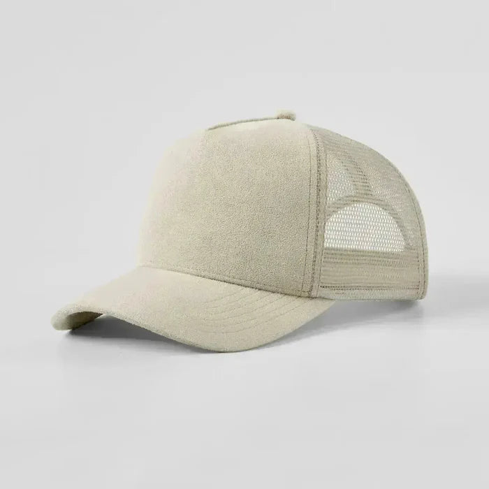 Beige baseball cap with mesh back on a light gray background