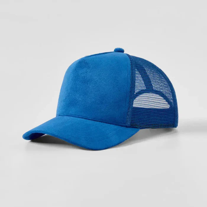 Blue mesh cap on a light gray background