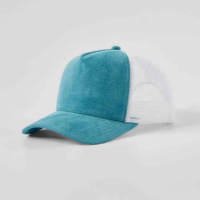 Teal baseball cap with white mesh back on a light gray background