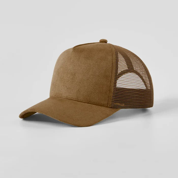 Brown trucker cap with mesh back on a light gray background