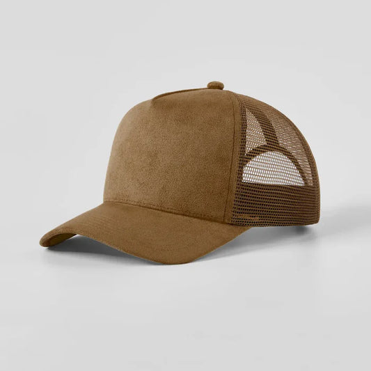 Brown trucker cap with mesh back on a light gray background