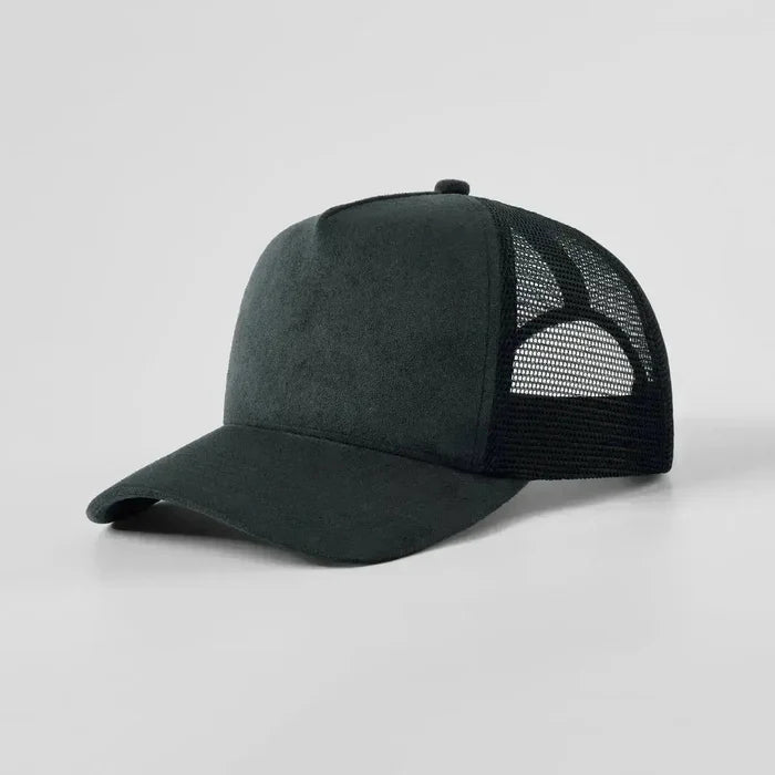 Black mesh cap on a light gray background