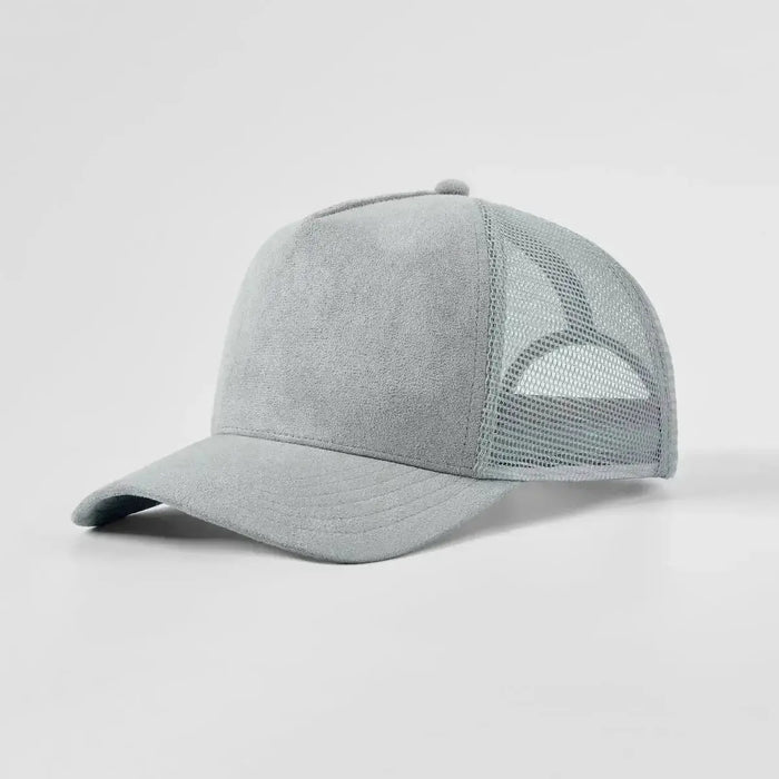 Gray baseball cap with mesh back on a light gray background