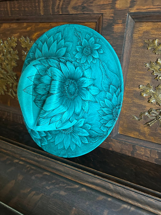 Turquoise Sunflower Suede Burnt Hat