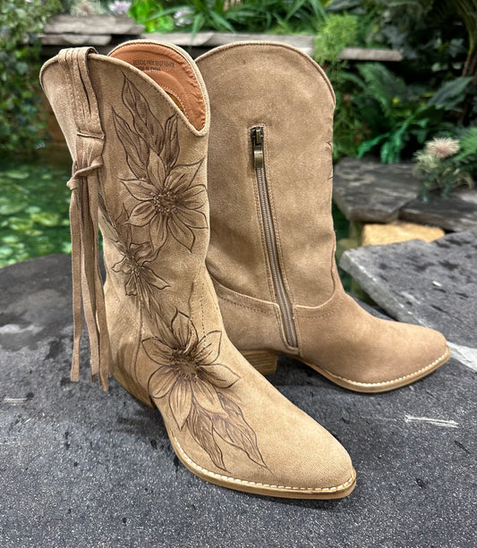 Cowgirl Dark Taupe Floral Burnt Boots