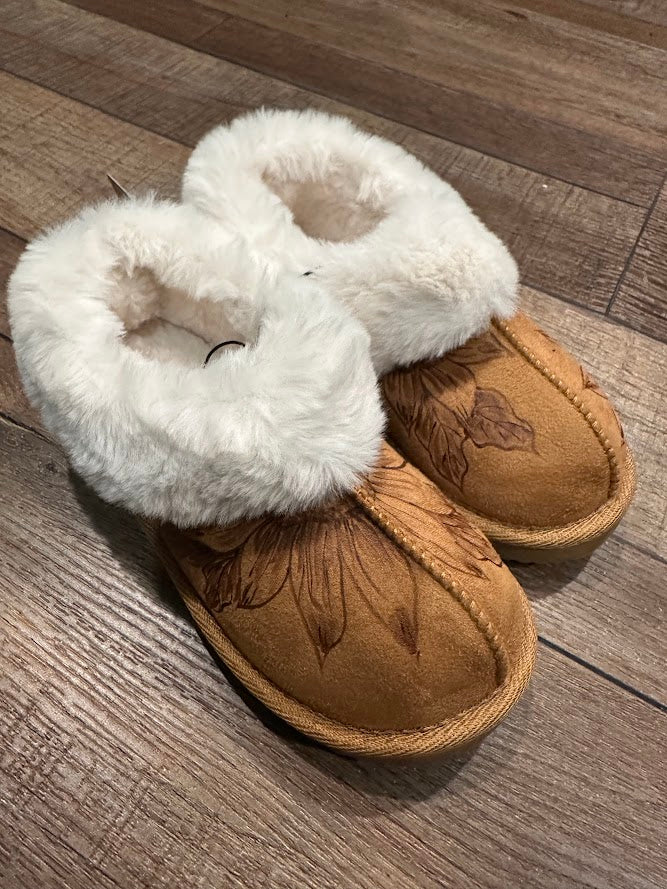 Pair of brown slippers with white fur lining on a wooden floor.