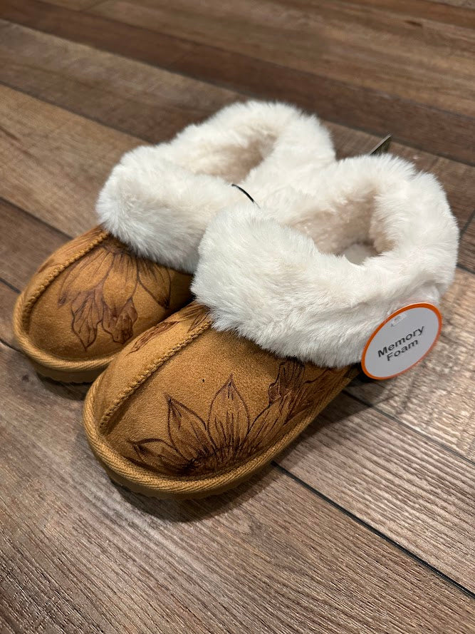 Pair of brown slippers with white fur lining on a wooden floor.