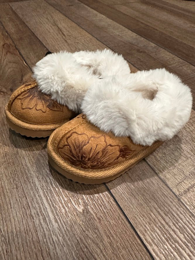Pair of brown slippers with white fur lining on a wooden floor.