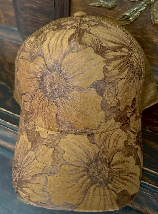 Floral-patterned cap on a reflective surface