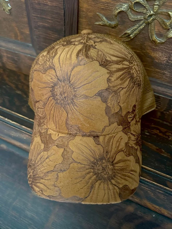 Floral-patterned fabric on a wooden surface