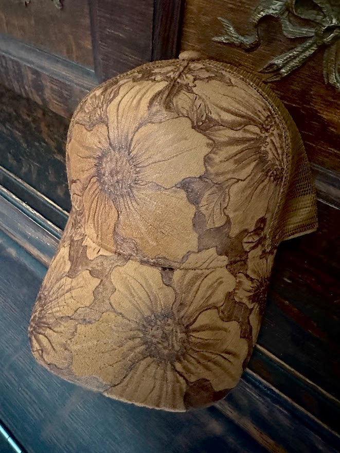 Floral-patterned cap on a wooden surface