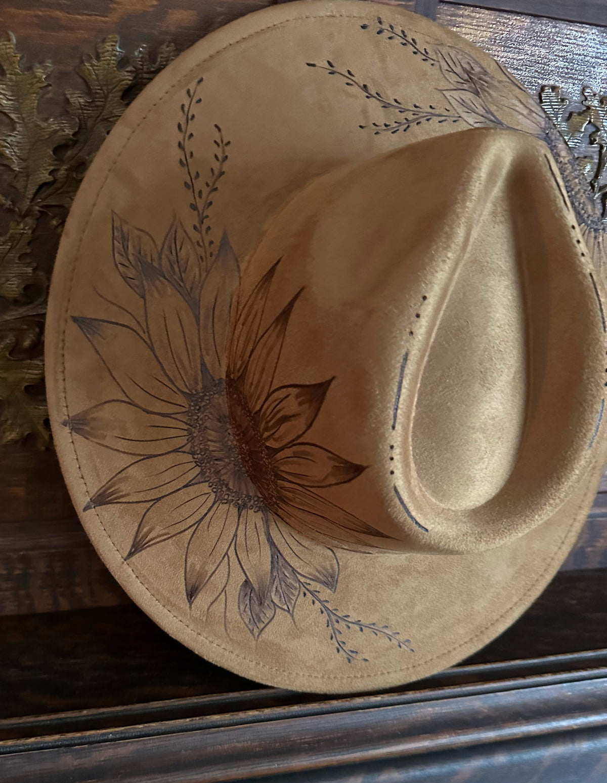 H01 HAT California shape in camel suede with orange feather NWOT Create a Custom Burned Cowboy Style Hat - (The Swoop  main image 3