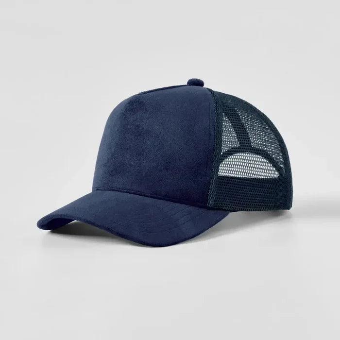 Navy blue baseball cap with mesh back on a light gray background
