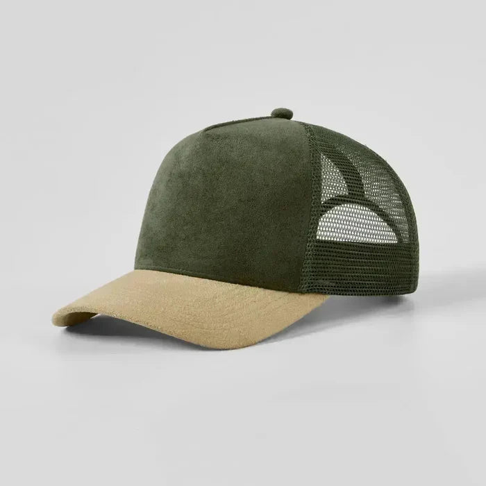 Green and beige baseball cap on a light gray background