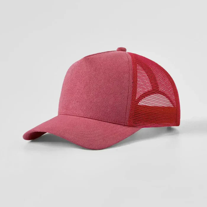 Red mesh cap on a light gray background