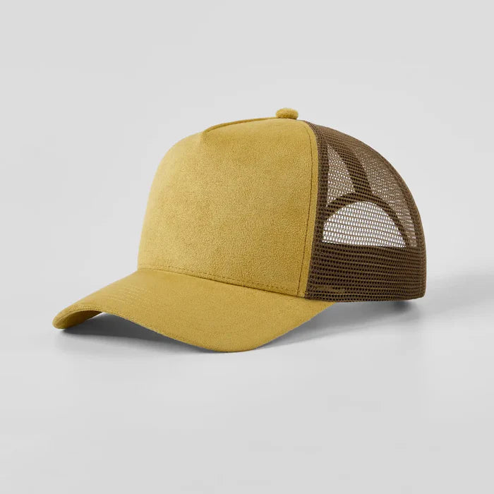 Yellow cap with brown mesh back on a light gray background