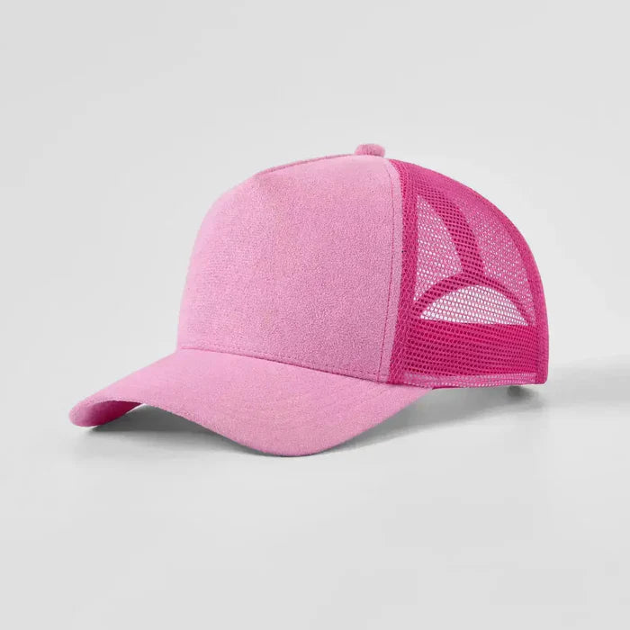 Pink mesh cap on a light gray background